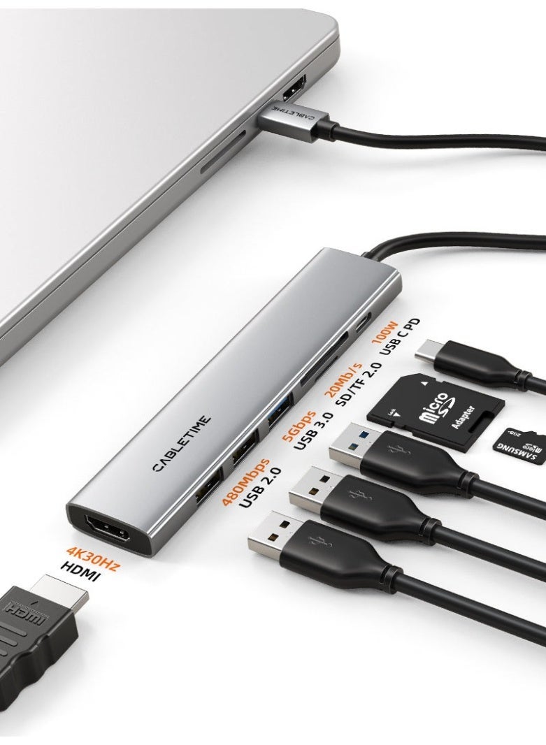 CABLETIME ULTRA SLIM ALUMINUM MULTIPORT 7 IN 1 USB-C HUB COMPATABLE WITH MACBOOK PRO - Image 1